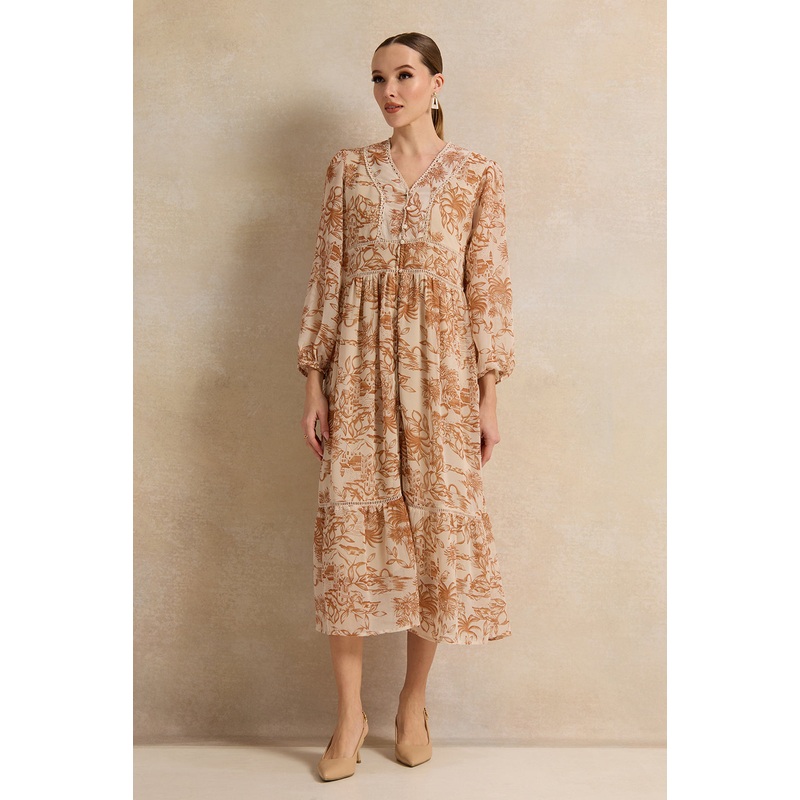 Women Brown Printed Midi Dress