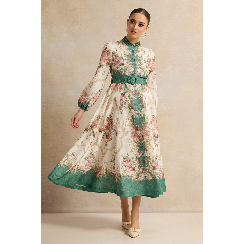 Women Ivory And Green  Belted  Dress