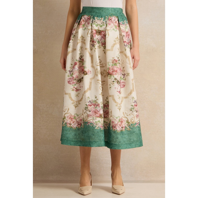 Women Ivory And Green Belted Skirt