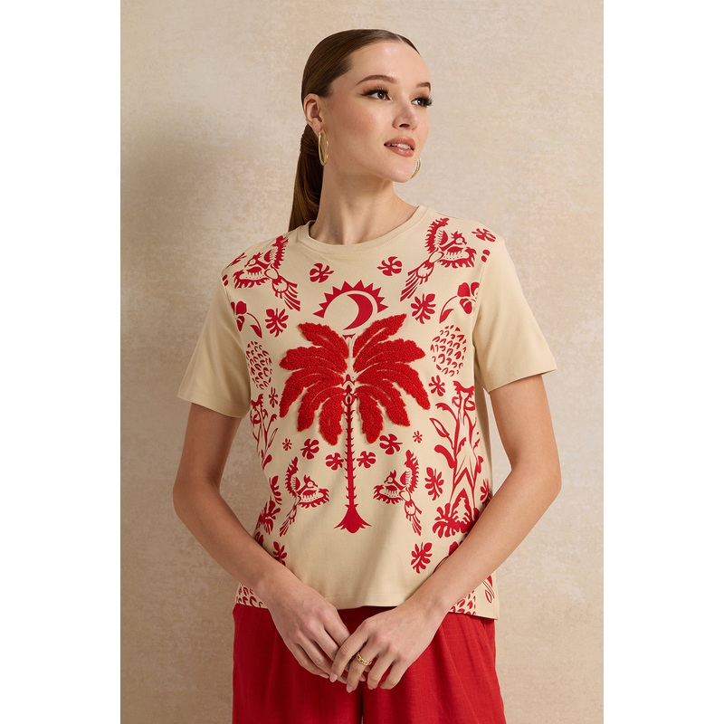 Women Ivory Embroidered T-Shirt