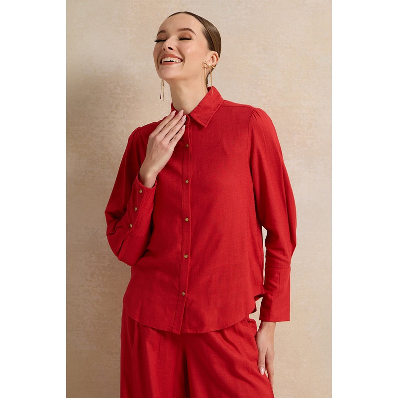 Women Red Buttoned Down Shirt Blouse