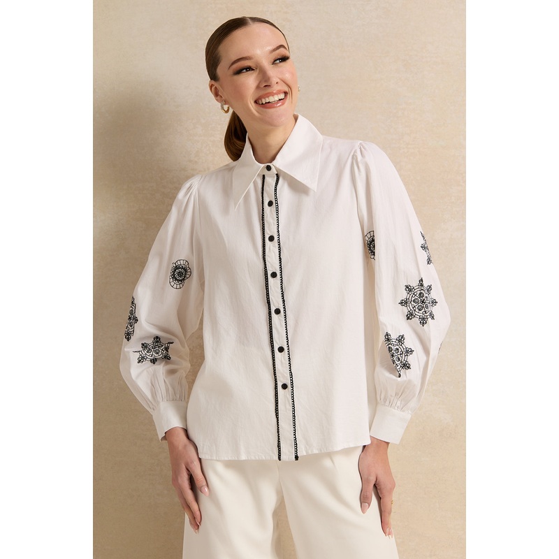 Women White Embroidered Shirt Blouse