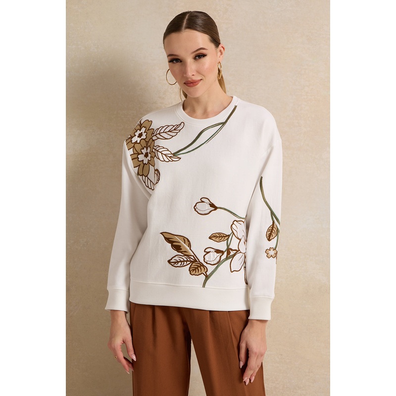 Women White Embroidered Sweatshirt