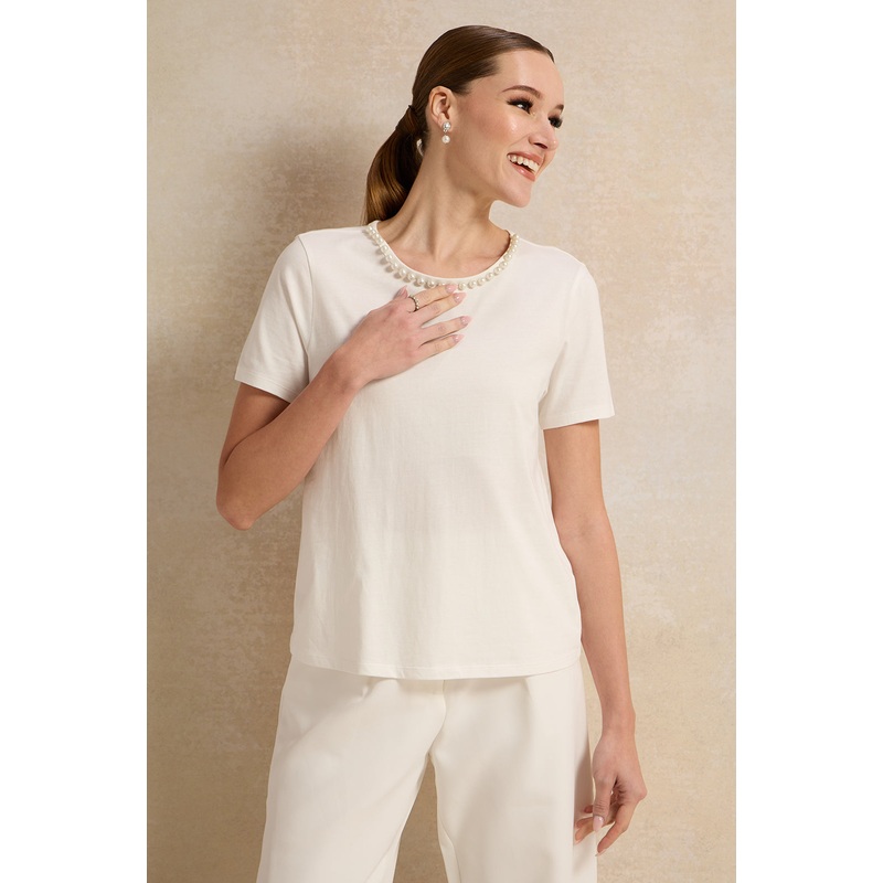 Women White Pearl Embellished Top