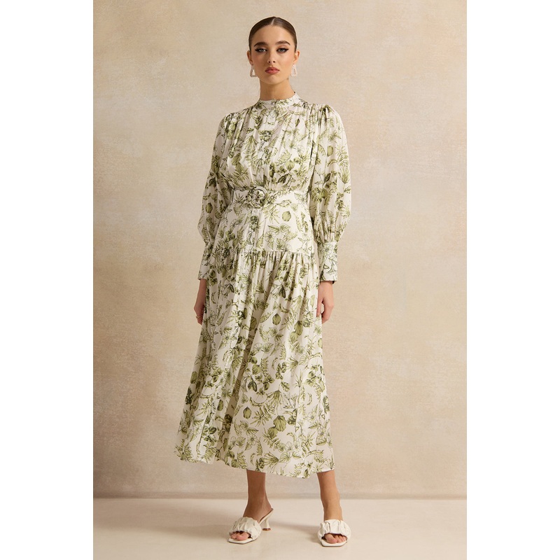 Women White Printed Belted Dress