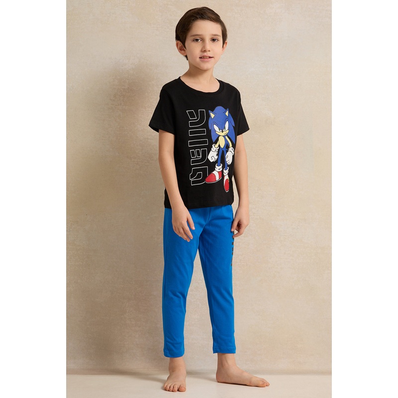 Boys Black And Blue Sonic Print Pyjama Set (2 Piece)