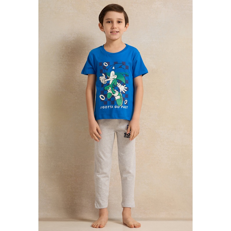 Boys Blue And Grey Sonic Print Pyjama Set (2 Piece)