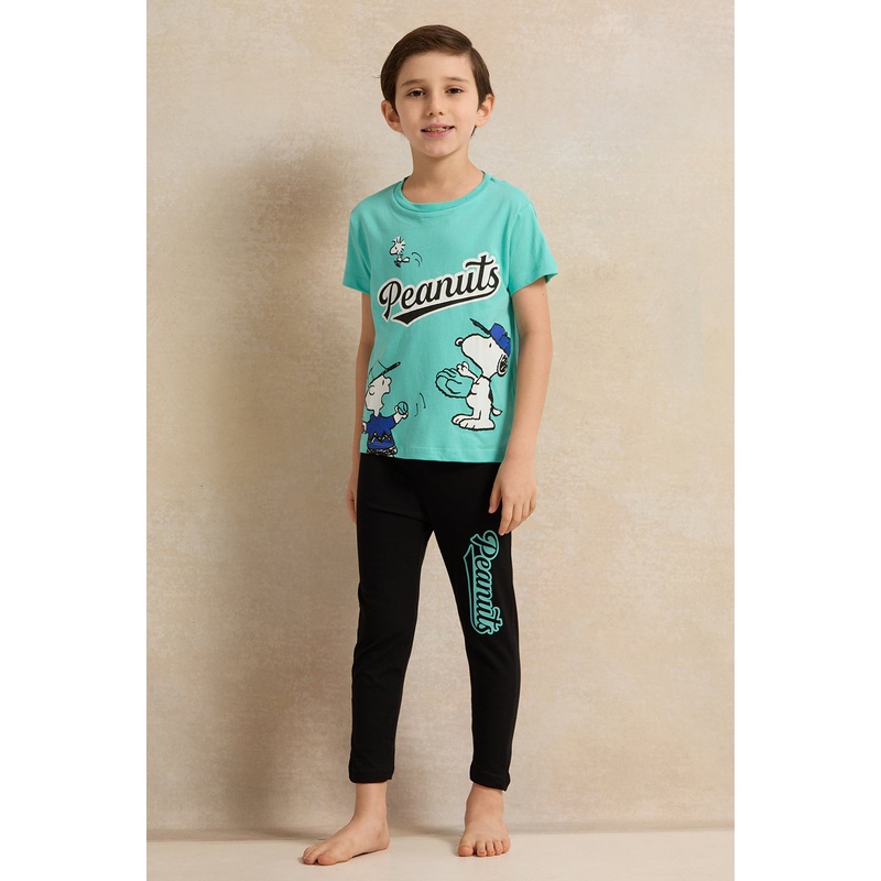 Boys Green And Black Peanuts Print Pyjama Set (2 Piece)