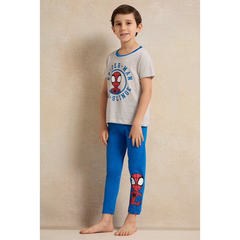 Boys Grey And Blue Spiderman Print Pyjama Set (2 Piece)