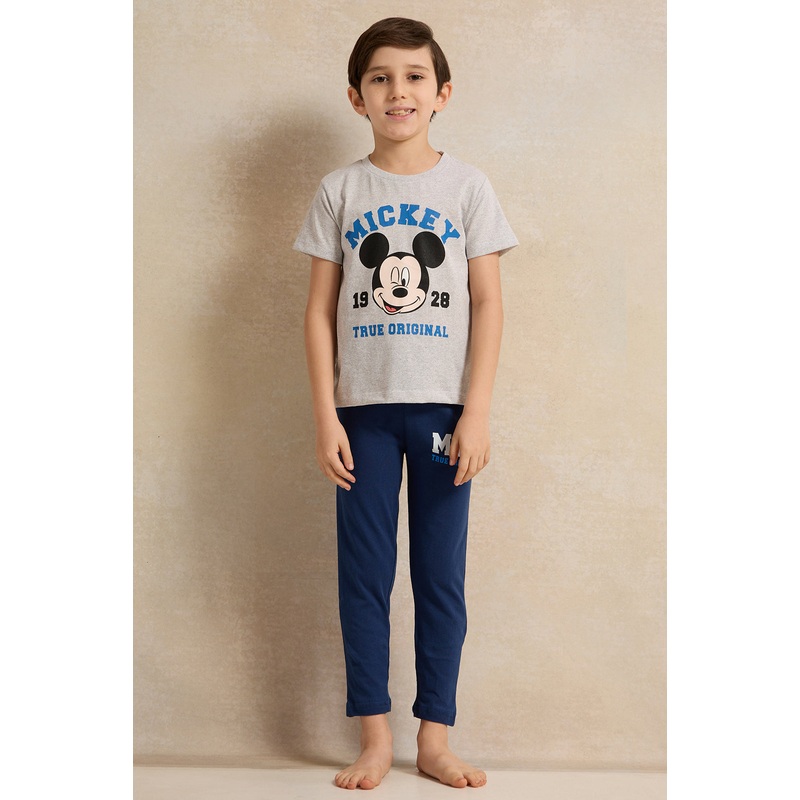 Boys Grey And Navy Mickey Print Pyjama Set (2 Piece)