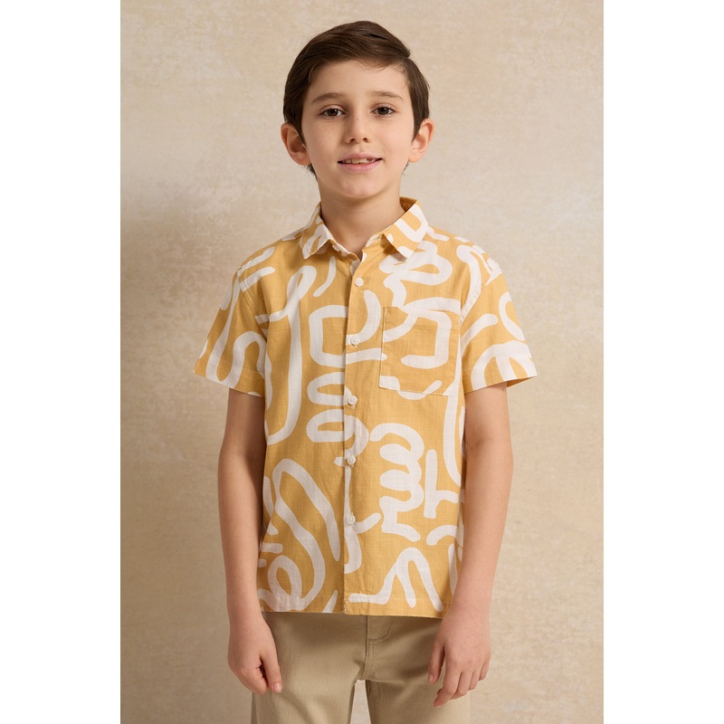 Boys Mustard Printed Short Sleeve Shirt