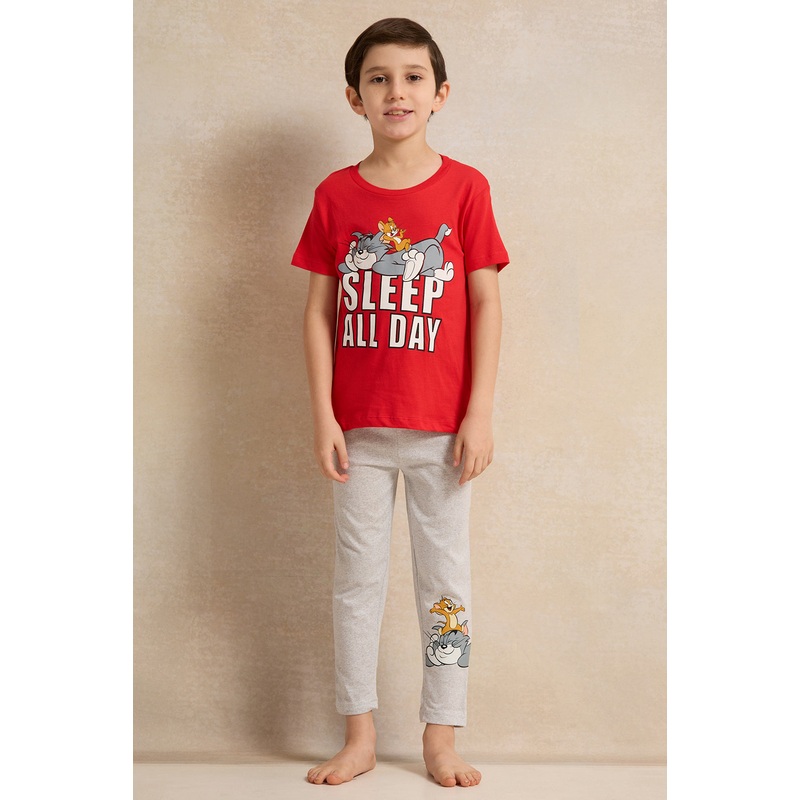 Boys Red And Grey Tom & Jerry Print Pyjama Set (2 Piece)