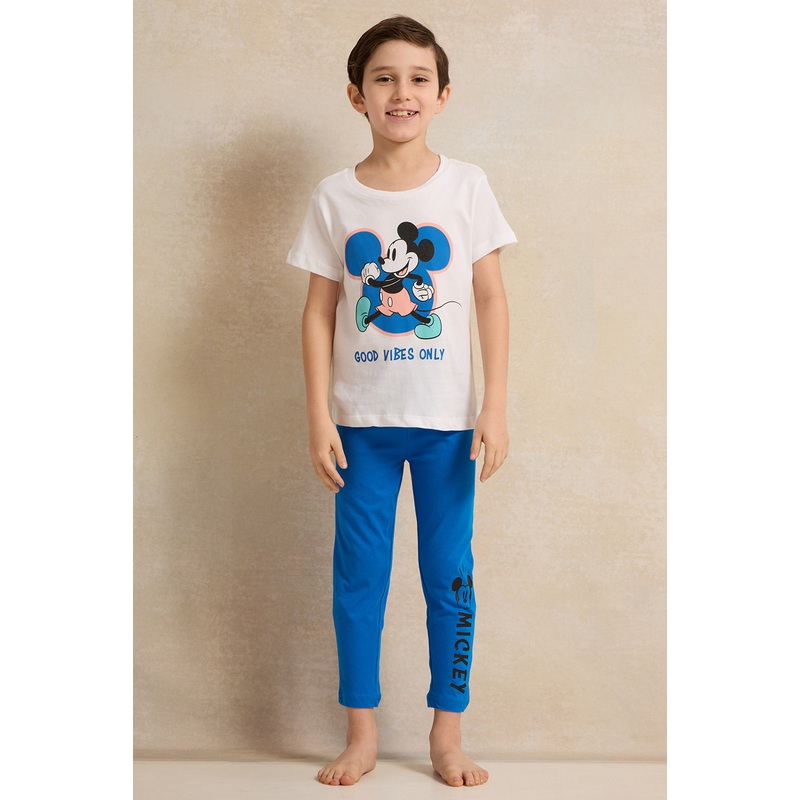 Boys White And Blue Mickey Print Pyjama Set (2 Piece)