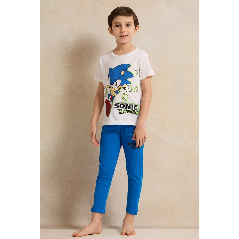 Boys White And Blue Sonic Print  Pyjama Set (2 Piece)