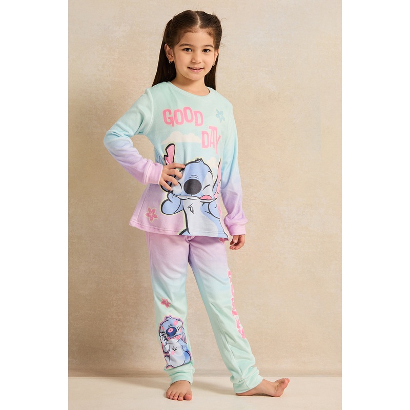 Girls Multicolour Stitch Printed Pyjama Set (2 Piece)