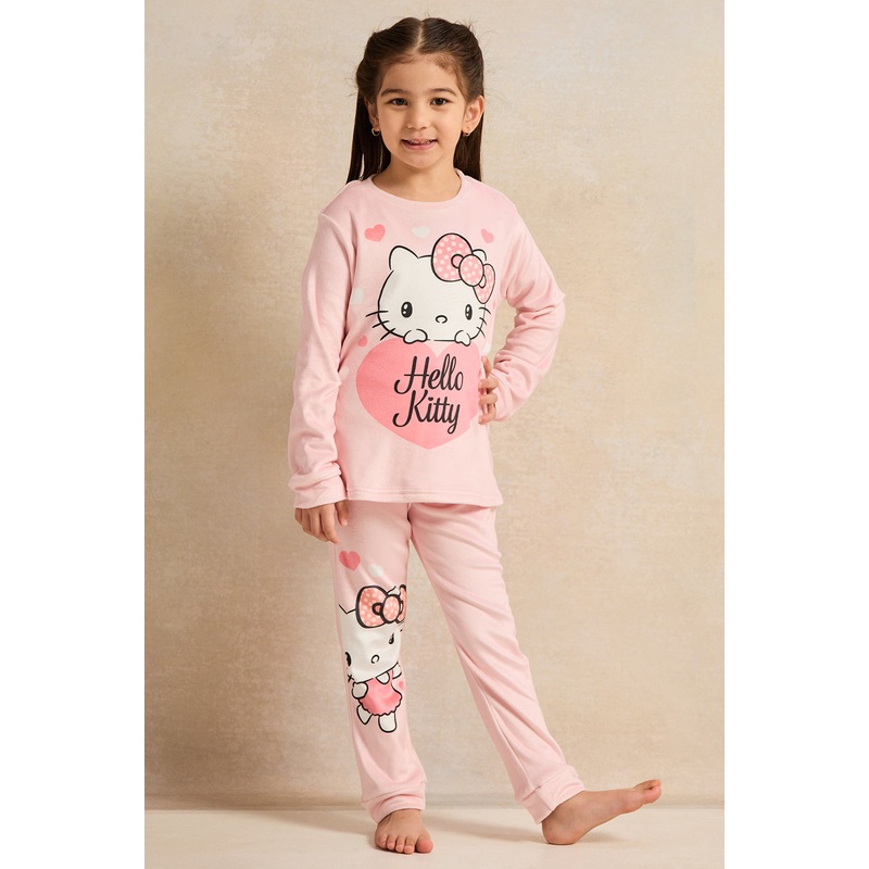 Girls Pink Hello Kitty Printed Pyjama Set (2 Piece)
