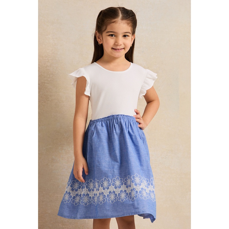 Girls White And Blue Embellished Dress