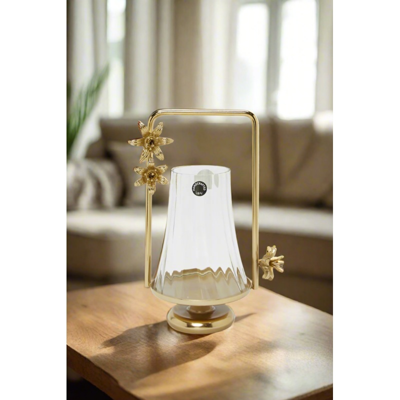 Gold Flower Decorative Lantern In Glass Artefact