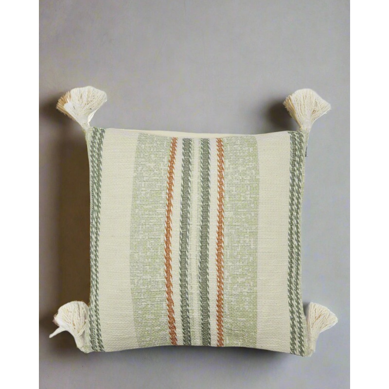 Green And Ivory Striped Cushion With Fringe