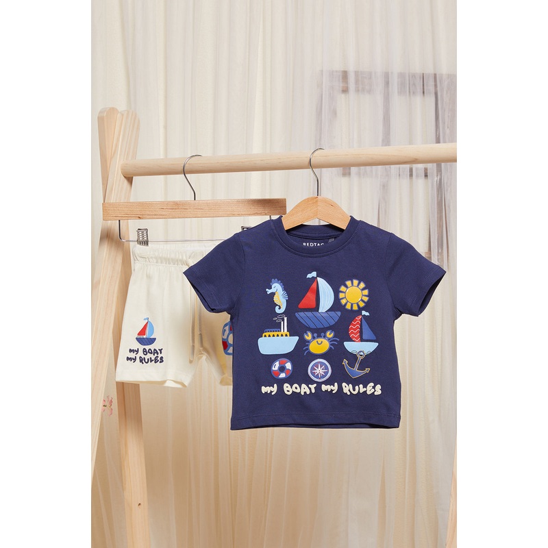 Infant Boys Navy And Cream Printed Pyjama Set (2 Piece)