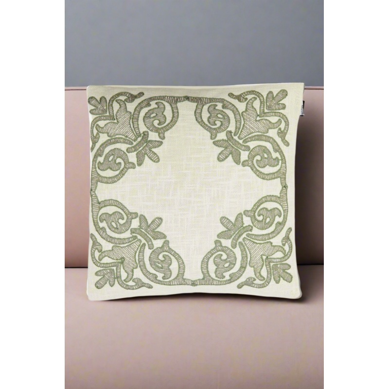 Ivory And Olive Embroidered Cushion
