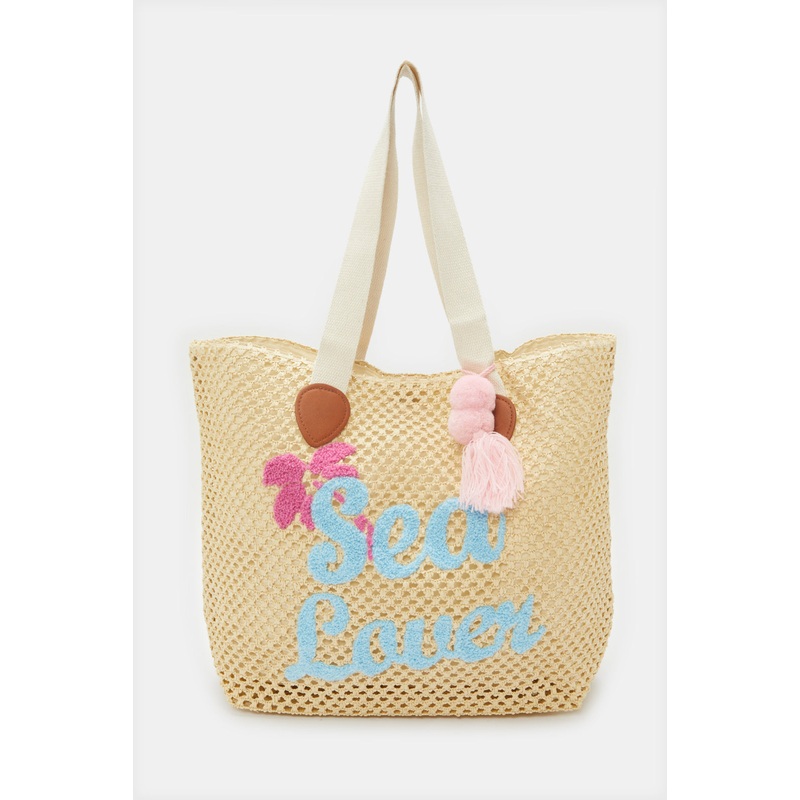 Women Beige Embellished Beach Bag