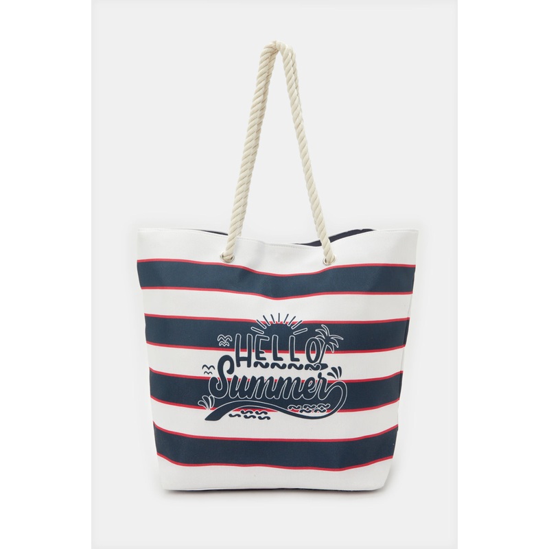 Women Navy And White Striped Beach Bag