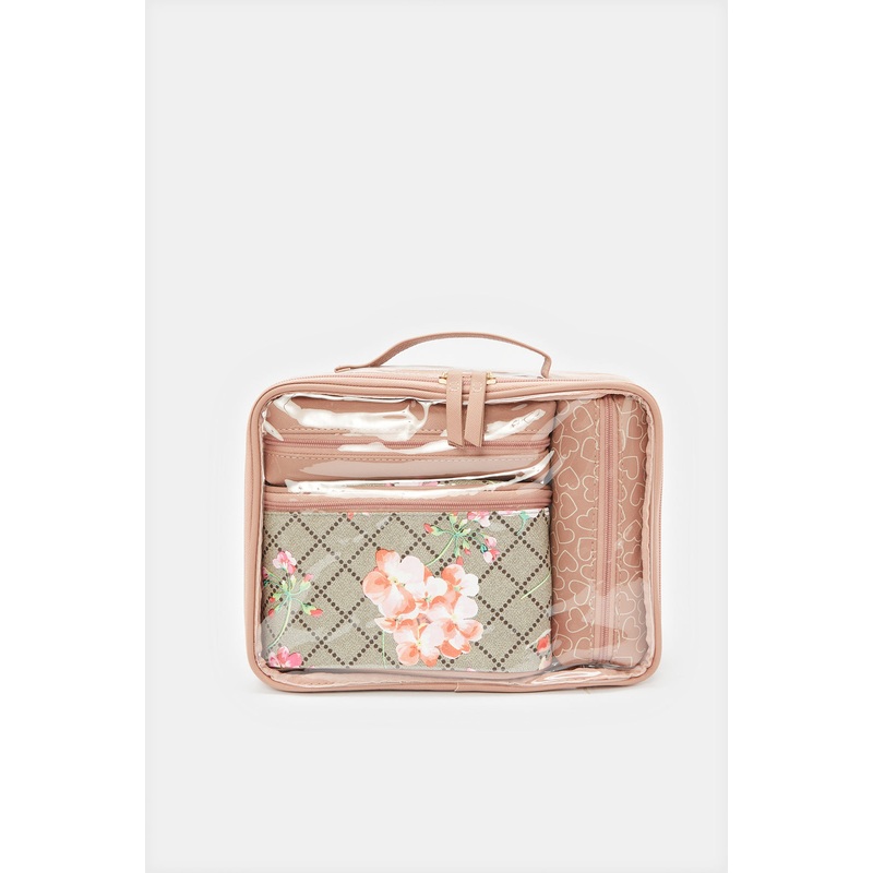Women Pink And Beige Printed Cosmetic Pouch Set (4 Piece)