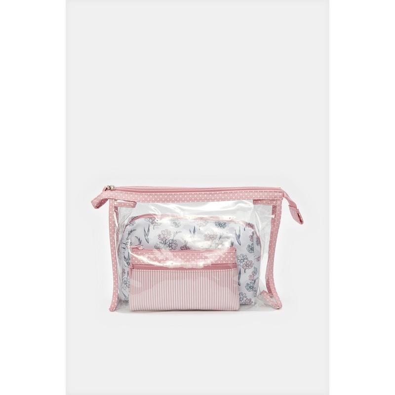 Women Pink And White Printed Cosmetic Pouch Set (3 Piece)