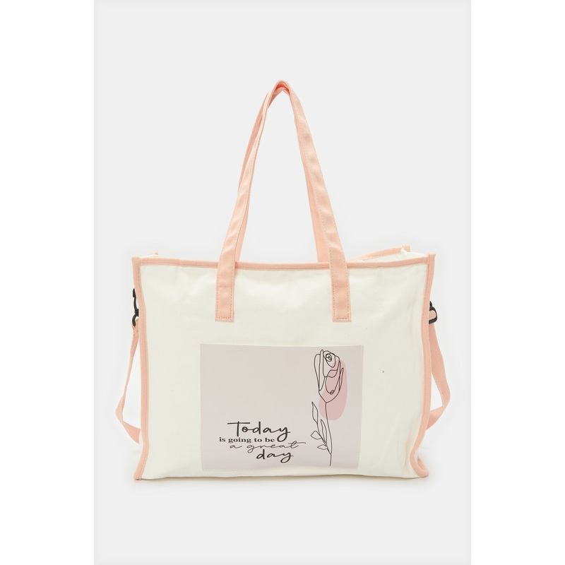 Women White And Pink Printed Shopper Bag