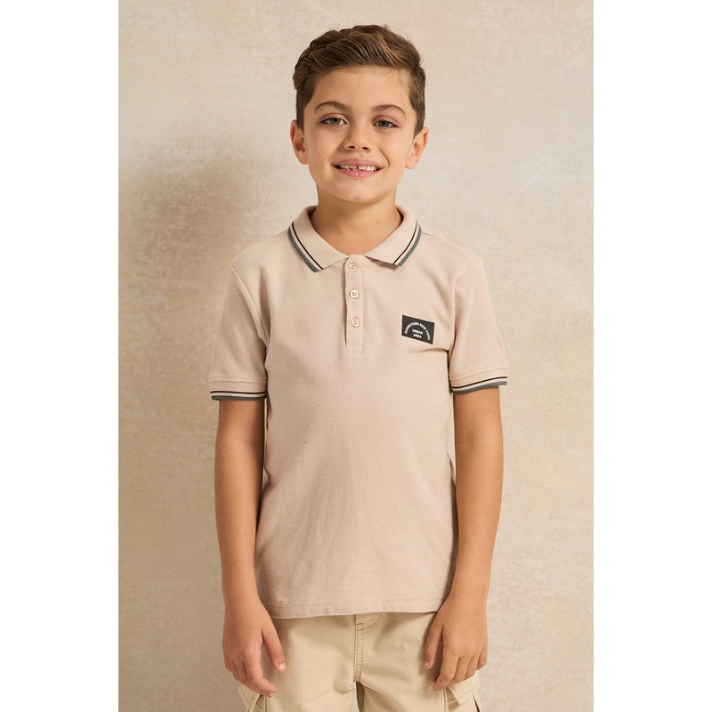 Boys Beige Chest Logo Tipping Collar Polo