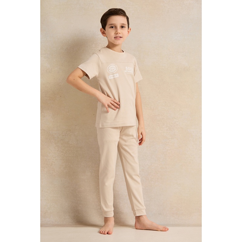 Boys Beige Printed Pyjama Set|2-3 Years|3-4 Years|4-5 Years|5-6 Years|6-7 Years|7-8 Years