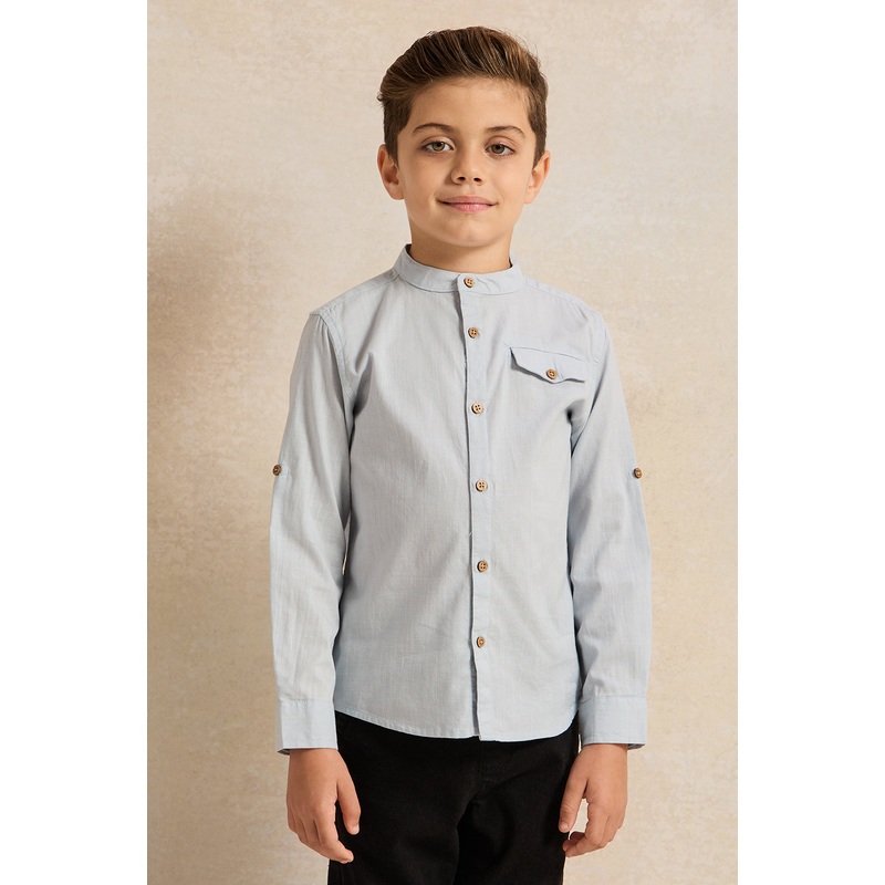 Boys Grey Long Sleeved Mandarin Shirt