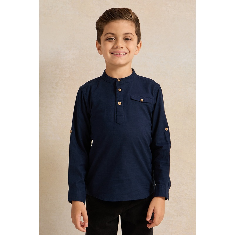 Boys Navy Long Sleeved Mandarin Shirt