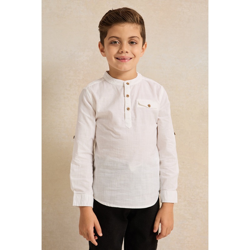 Boys White Long Sleeved Mandarin Shirt