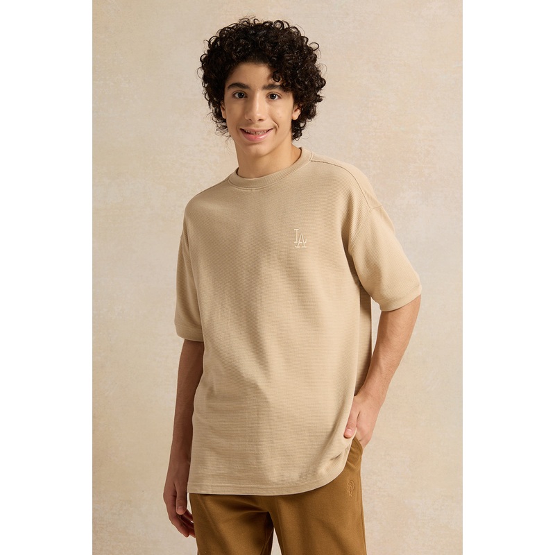 Senior Boys Beige Jacquard Oversize T-Shirt