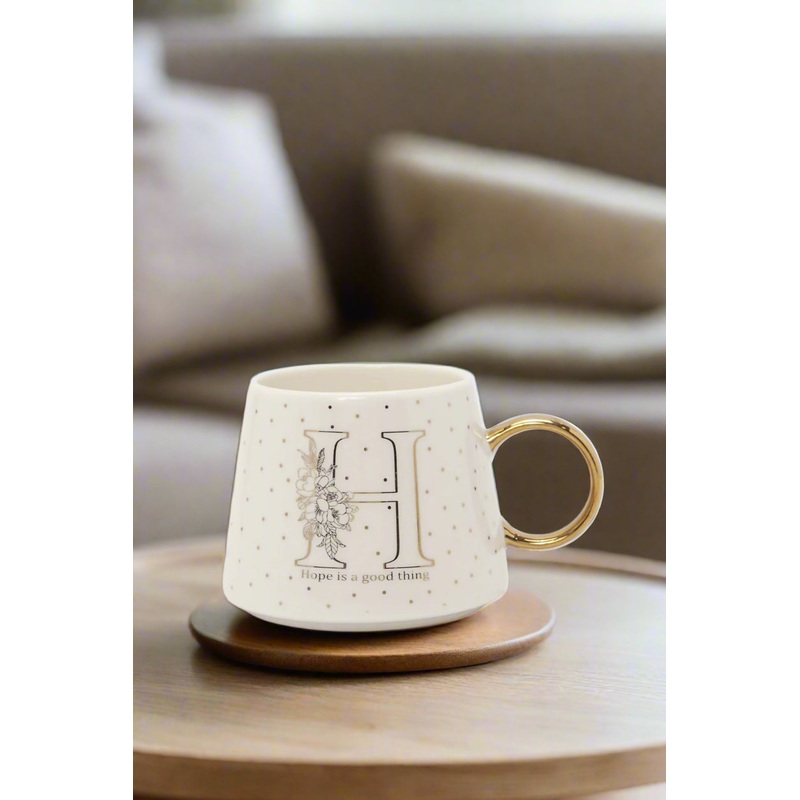 White And Gold Alphabet Mug With Letter H