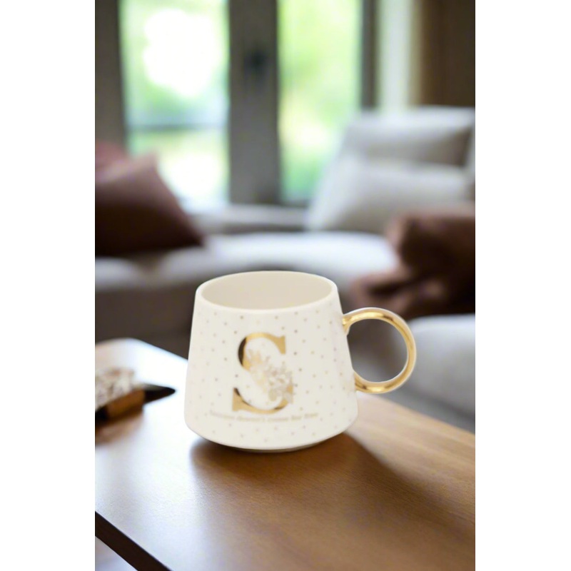 White And Gold Alphabet Mug With Letter S