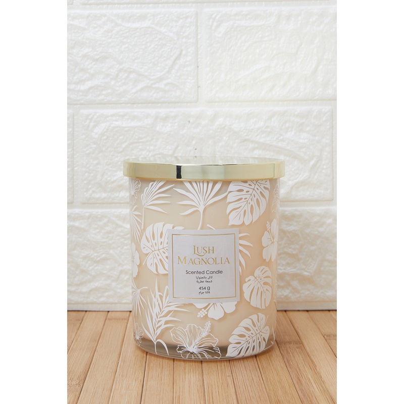 White Lush Magnolia Printed Glass Candle With Lid