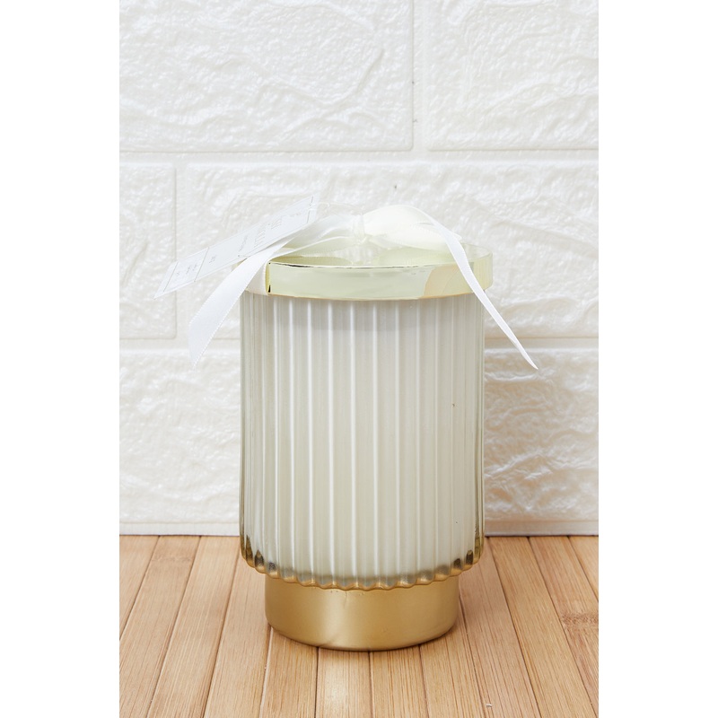 White Lush Magnolia Textured Glass Candle With Lid (M)