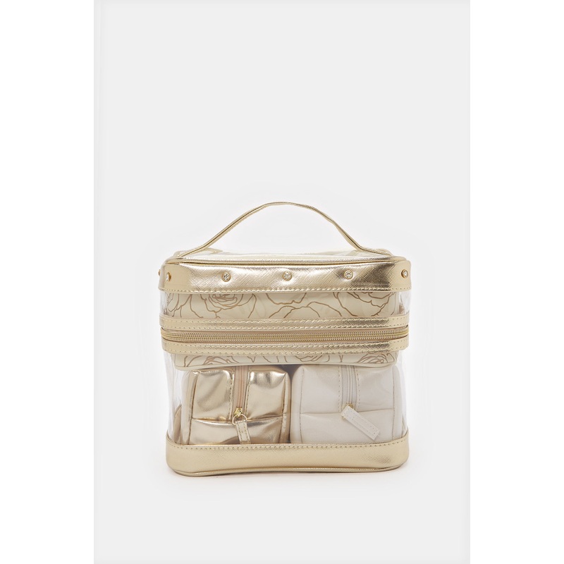 Women Beige And Gold Printed Cosmetic Pouch Set (4 Piece)