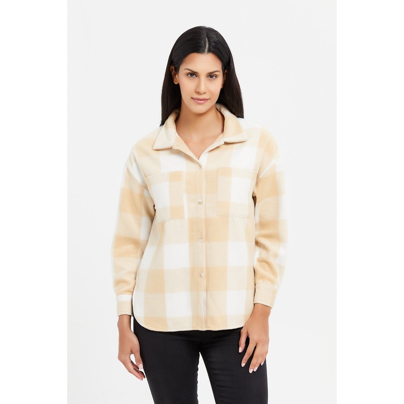 Women Beige Checkered Oversized Shirt