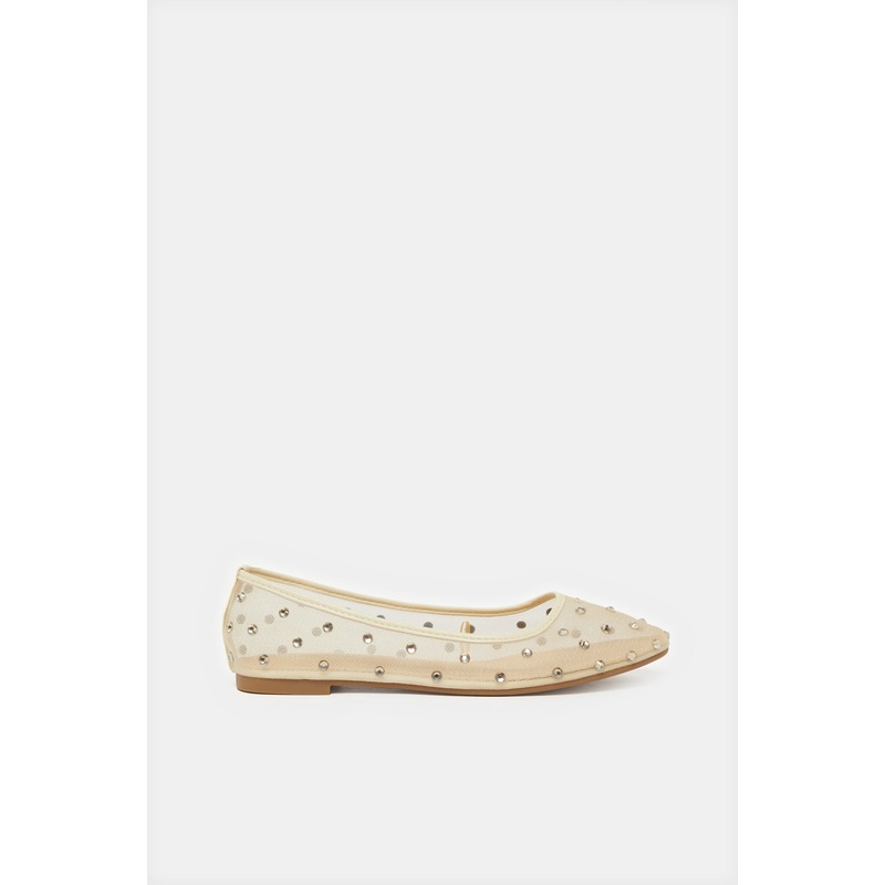 Women Beige Stone Trim Ballerina