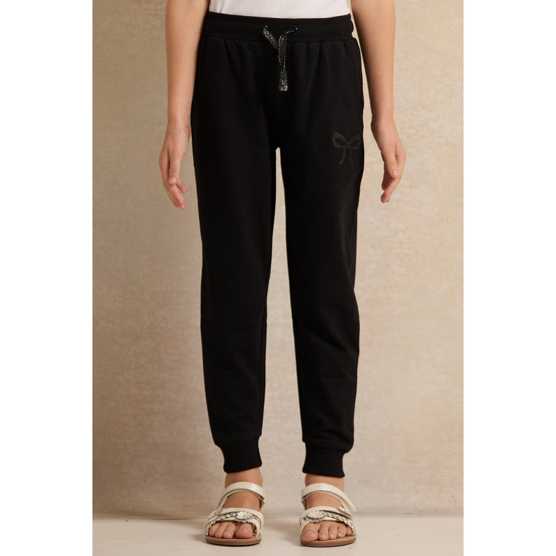 Girls Black Basic Embroidered Track Pants