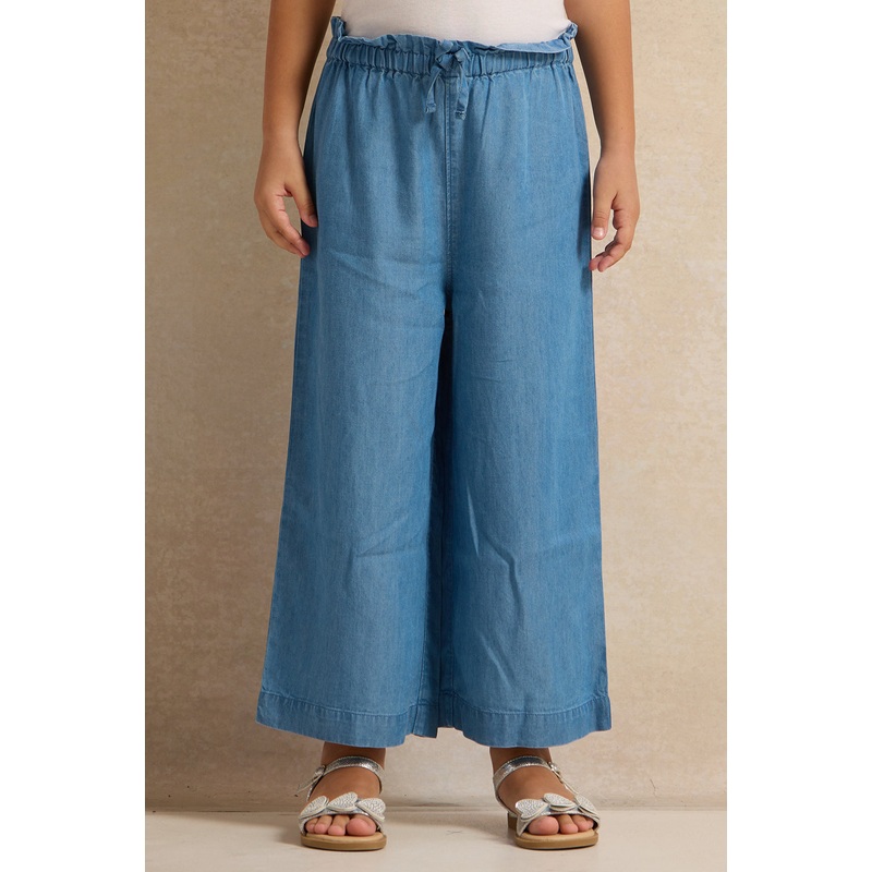 Girls Blue Denim Wide Leg Trousers