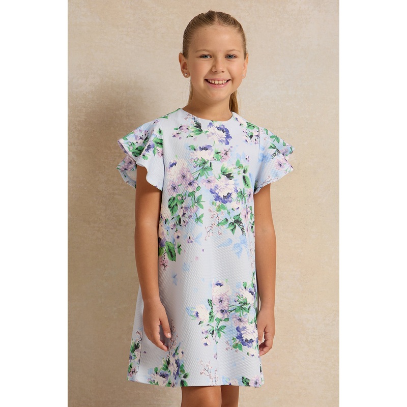 Girls Blue Floral Printed Dress