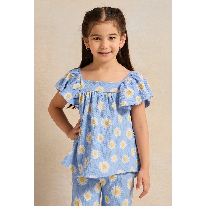 Girls Blue Printed Jacquard Top With Frills