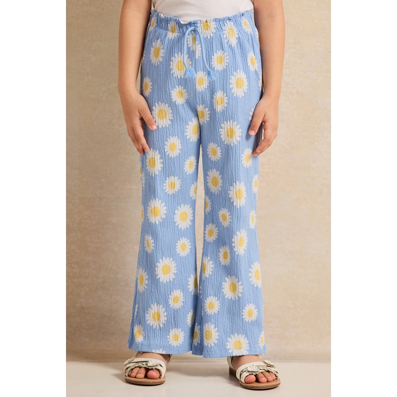 Girls Blue Printed Wide Leg Pants