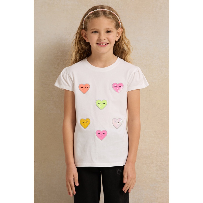Girls Cream Smiley Patch Embellished T-Shirt