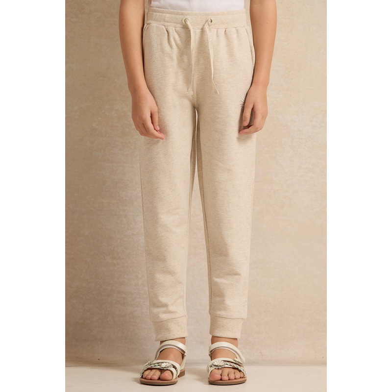 Girls Ecru Basic Embroidered Track Pants